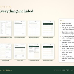 Puede incluir: Un conjunto de planificador digital con p&aacute;gina de inicio con hiperv&iacute;nculos, 12 meses sin fecha, rastreadores mensuales, 52 p&aacute;ginas semanales y planificadores diarios. Incluye plantillas de d&iacute;a de enfoque, reinicio y men&uacute; de dopamina. El texto enumera los archivos: p&aacute;gina de inicio, a&ntilde;o, objetivos, 12 meses, 52 semanas, 4 dise&ntilde;os diarios, reinicio, rutinas y registros.