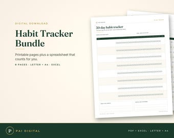 Habit Tracker Printable & Spreadsheet, 30 Day and 90 Day Habit Tracker, Weekly Review, Fillable PDF US Letter A4, Excel Google Sheets