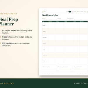 May include: A digital meal prep planner template featuring a weekly meal plan grid with columns for breakfast, lunch, dinner, snacks, and prep notes. The document includes text headers for weekly and monthly plans, grocery lists, and meal ideas.