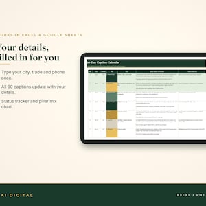 Op de afbeelding: Een digitale 90-dagen bijschriftenkalender-sjabloon weergegeven op een tabletscherm, met een spreadsheet met kolommen voor datum, dag, thema, doel, bijschrift en beeldidee. De tekst luidt Works in Excel & Google Sheets, Your details, filled in for you.