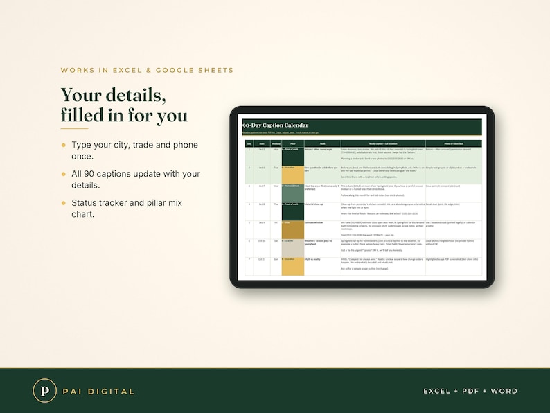 Op de afbeelding: Een digitale 90-dagen bijschriftenkalender-sjabloon weergegeven op een tabletscherm, met een spreadsheet met kolommen voor datum, dag, thema, doel, bijschrift en beeldidee. De tekst luidt Works in Excel & Google Sheets, Your details, filled in for you.