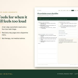 Puede incluir: Una lista de control digital titulada Overwhelm reset checklist con secciones para acciones inmediatas, reinicio del entorno y resoluci&oacute;n de problemas. El documento incluye casillas de verificaci&oacute;n, &aacute;reas de notas e instrucciones para gestionar la sobrecarga.