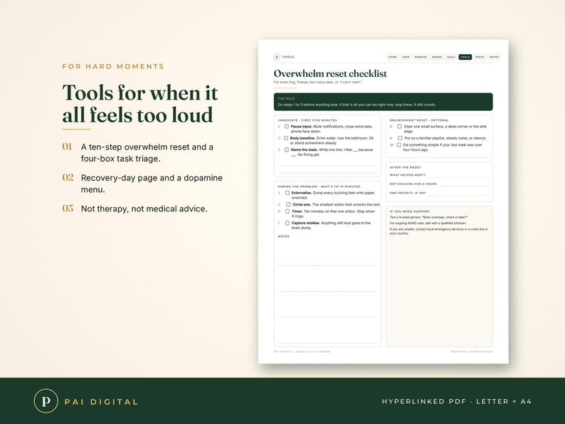 Puede incluir: Una lista de control digital titulada Overwhelm reset checklist con secciones para acciones inmediatas, reinicio del entorno y resoluci&oacute;n de problemas. El documento incluye casillas de verificaci&oacute;n, &aacute;reas de notas e instrucciones para gestionar la sobrecarga.
