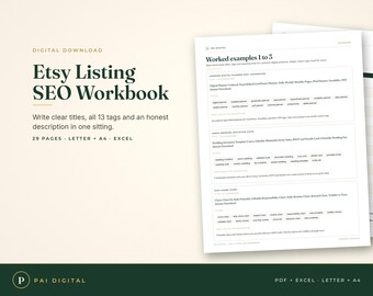 Etsy SEO Workbook, Listing Title and Tag Planner, 144 Tag Bank, 12 Worked Examples, Listing Audit, Etsy Seller Spreadsheet, Fillable PDF