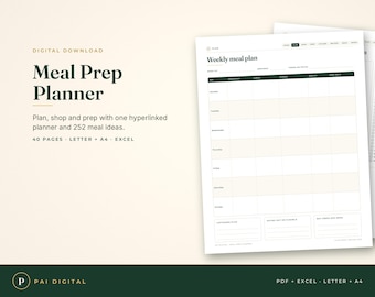 Meal Planner Printable & Digital, 40 Page Hyperlinked Meal Prep Planner, Grocery List, Recipe Cards, 252 Meal Ideas, Excel, Letter A4