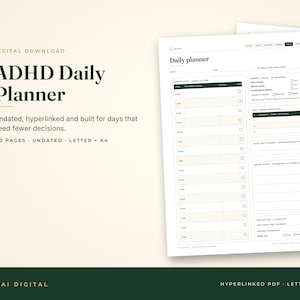 Puede incluir: Una plantilla de planificador diario digital para TDAH con un dise&ntilde;o limpio y texto verde oscuro sobre un fondo claro. La p&aacute;gina incluye secciones para bloqueo de tiempo, prioridades diarias, niveles de energ&iacute;a y reflexiones finales.