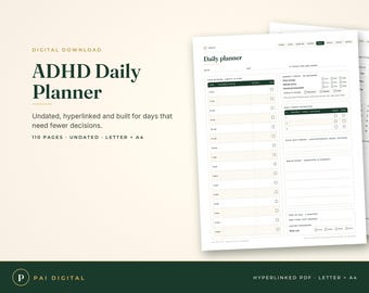 ADHD Planner Undated, Hyperlinked Digital Planner for GoodNotes & Printable, Daily Weekly Monthly, Brain Dump, Fillable PDF, Letter and A4