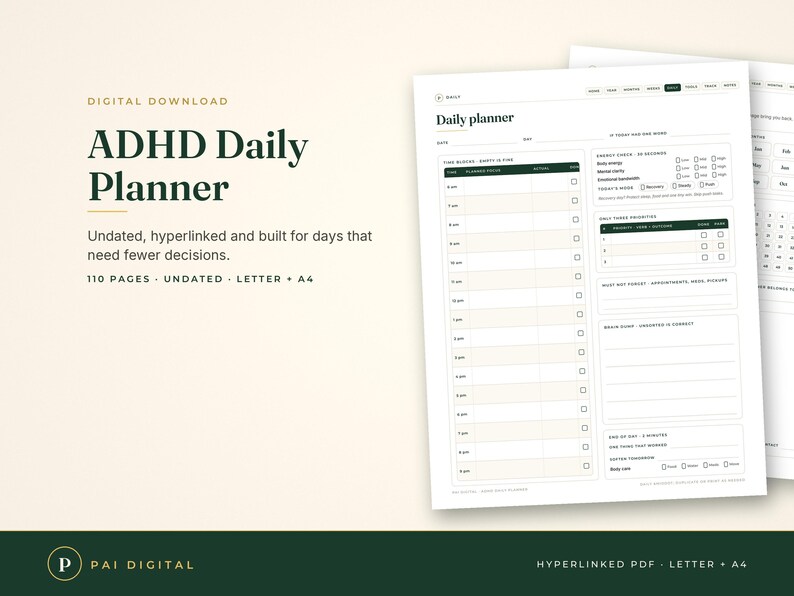Puede incluir: Una plantilla de planificador diario digital para TDAH con un dise&ntilde;o limpio y texto verde oscuro sobre un fondo claro. La p&aacute;gina incluye secciones para bloqueo de tiempo, prioridades diarias, niveles de energ&iacute;a y reflexiones finales.