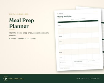 Meal Prep Planner Printable & Spreadsheet, Weekly Meal Plan, Grocery List, Prep Day Checklist, Fillable PDF Letter A4, Excel Google Sheets
