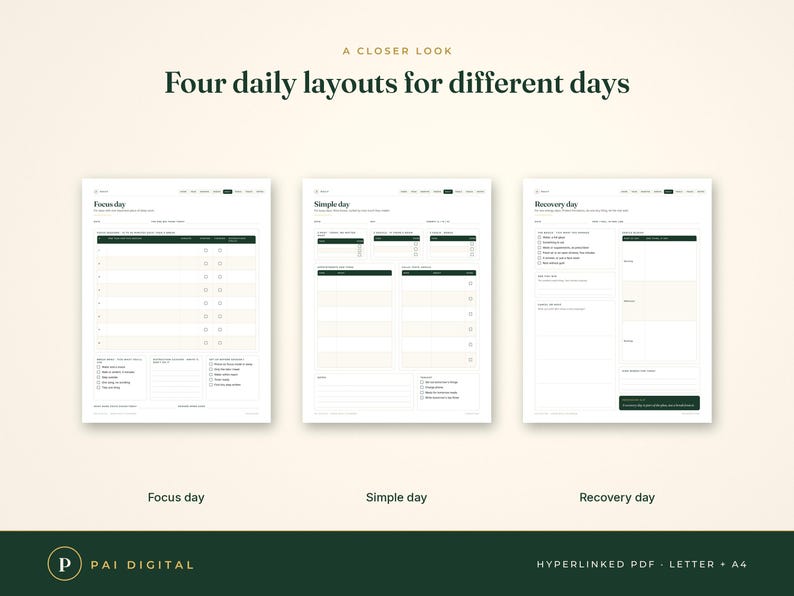 Puede incluir: Un conjunto de planificadores digitales con tres dise&ntilde;os diarios distintos titulados Focus day, Simple day y Recovery day. Las p&aacute;ginas blancas incluyen encabezados verde oscuro, casillas de verificaci&oacute;n y secciones estructuradas para tareas.