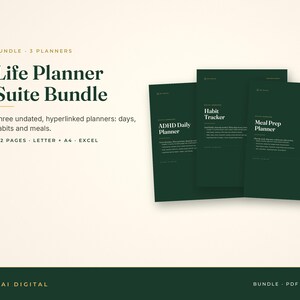 May include: A digital Life Planner Suite Bundle featuring three dark green planners titled ADHD Daily Planner, Habit Tracker, and Meal Prep Planner. The text includes 192 pages, Letter, A4, and Excel formats. The Pai Digital logo is visible.