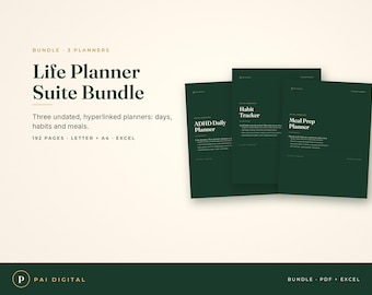 Lebensplaner-Paket (undatiert), Tagesplaner für ADHS-Betroffene, Gewohnheitstracker, Mahlzeitenplaner, verlinkte GoodNotes-PDF-Datei, Excel- und Google-Tabellen-Datei, A4-Format