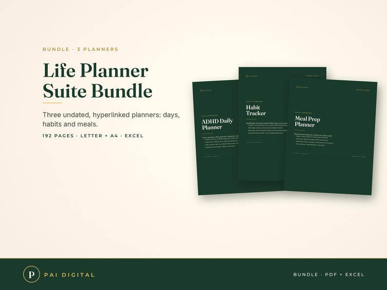 May include: A digital Life Planner Suite Bundle featuring three dark green planners titled ADHD Daily Planner, Habit Tracker, and Meal Prep Planner. The text includes 192 pages, Letter, A4, and Excel formats. The Pai Digital logo is visible.