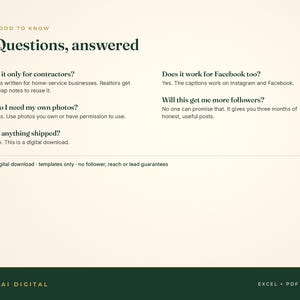 Op de afbeelding: Een digitaal document getiteld Good to know Questions, answered. Het bevat een lijst met veelgestelde vragen over sjablonen voor dienstverlenende bedrijven, inclusief vragen over aannemers, foto's, verzending, Facebook-compatibiliteit en volgersgroei.
