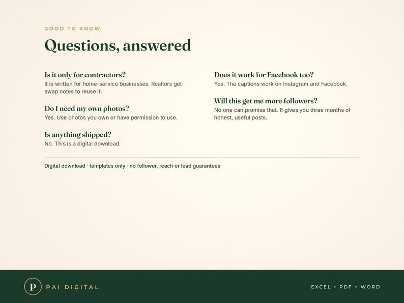 Op de afbeelding: Een digitaal document getiteld Good to know Questions, answered. Het bevat een lijst met veelgestelde vragen over sjablonen voor dienstverlenende bedrijven, inclusief vragen over aannemers, foto's, verzending, Facebook-compatibiliteit en volgersgroei.