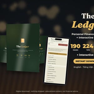 Puede incluir: Un libro electrónico digital de color verde oscuro titulado The Ledger con una aplicación interactiva a juego mostrada en la pantalla de un teléfono inteligente. El texto incluye 190 páginas, 224 consejos y 3 idiomas. La interfaz muestra temas.