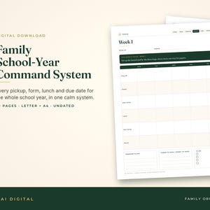 以下が含まれることがあります： 79ページのFamily School-Year Command Systemデジタルプランナー。LetterおよびA4サイズ。日付なしの週間レイアウトには、ダークグリーンのヘッダー、日々のタスク用グリッド、週末の予定、送金、ToDoリスト用のセクションが含まれています。
