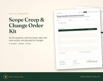 Freelance Change Order Template, Scope of Work, Client Scripts, Scope Creep Kit, Freelancer Templates, Revision Policy, Word Excel PDF
