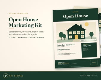 Open House Kit Realtor, Editable Flyer Canva PowerPoint, Sign In Sheet, Feedback Form, Open House Signs, Social Captions, Agent Templates