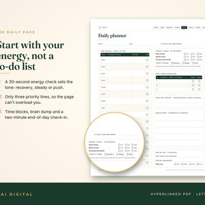 Puede incluir: Una p&aacute;gina de planificador diario con un horario de bloques de tiempo, una secci&oacute;n de control de energ&iacute;a, tres l&iacute;neas de prioridad, un &aacute;rea de notas y un registro de fin de d&iacute;a. El dise&ntilde;o incluye encabezados como Daily planner y Energy check.