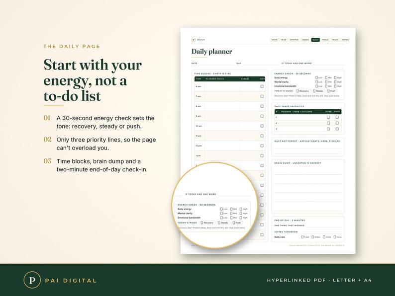 Puede incluir: Una p&aacute;gina de planificador diario con un horario de bloques de tiempo, una secci&oacute;n de control de energ&iacute;a, tres l&iacute;neas de prioridad, un &aacute;rea de notas y un registro de fin de d&iacute;a. El dise&ntilde;o incluye encabezados como Daily planner y Energy check.