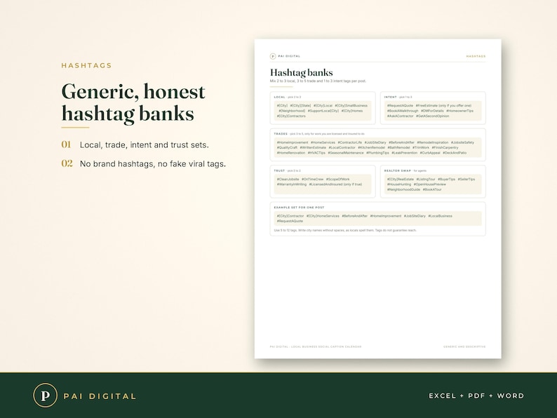 Op de afbeelding: Een digitaal document getiteld Hashtag banks met gecategoriseerde lijsten van social media hashtags voor lokale, zakelijke, intentie- en vertrouwenssets, inclusief instructies voor gebruik en het Pai Digital logo.