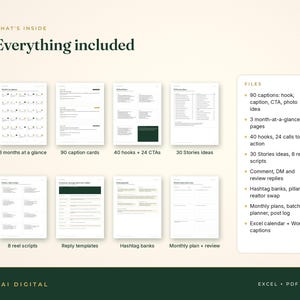 Op de afbeelding: Een digitale marketing content planner set met acht documentpagina's met tekstkoppen zoals 3 maanden in &eacute;&eacute;n oogopslag, 90 bijschriftkaarten, 40 hooks, 24 CTA's, 30 story-idee&euml;n, 8 reel-scripts, antwoordsjablonen, hashtag-banken en maandplan.