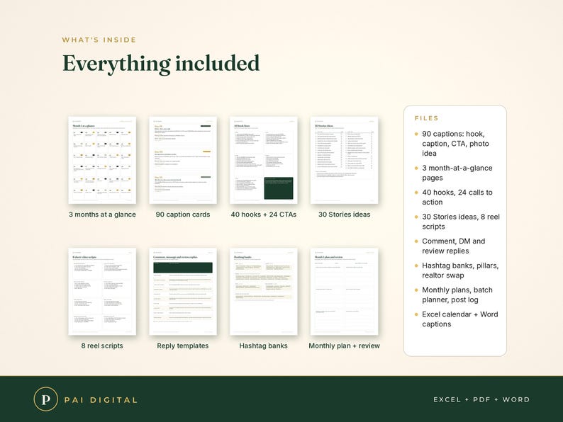 Op de afbeelding: Een digitale marketing content planner set met acht documentpagina's met tekstkoppen zoals 3 maanden in &eacute;&eacute;n oogopslag, 90 bijschriftkaarten, 40 hooks, 24 CTA's, 30 story-idee&euml;n, 8 reel-scripts, antwoordsjablonen, hashtag-banken en maandplan.
