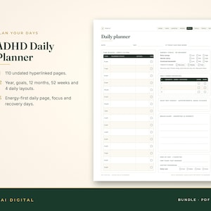 May include: An ADHD Daily Planner digital template featuring 110 undated hyperlinked pages, year and goal tracking, and an energy-first daily layout. The document includes time blocks, priority lists, and sections for brain dumps and daily check-ins.