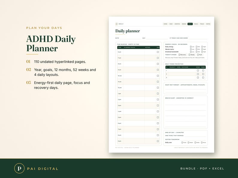 May include: An ADHD Daily Planner digital template featuring 110 undated hyperlinked pages, year and goal tracking, and an energy-first daily layout. The document includes time blocks, priority lists, and sections for brain dumps and daily check-ins.