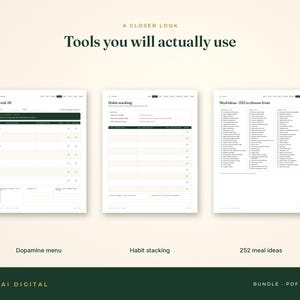 May include: Three digital planner pages titled A CLOSER LOOK Tools you will actually use. The pages include a Week 30 schedule, a Habit stacking tracker, and a list of 252 meal ideas. The design features dark green headers and white backgrounds.