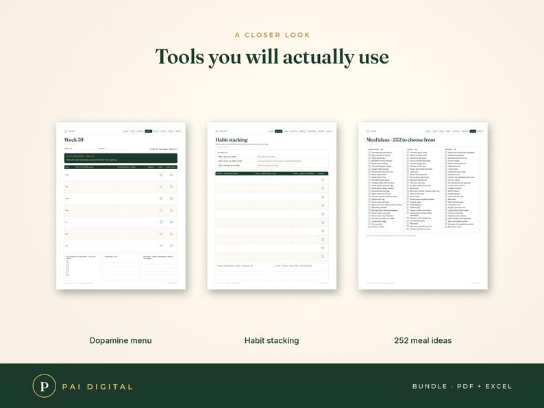 May include: Three digital planner pages titled A CLOSER LOOK Tools you will actually use. The pages include a Week 30 schedule, a Habit stacking tracker, and a list of 252 meal ideas. The design features dark green headers and white backgrounds.