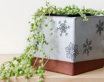 Square Planter White Snowflakes Ceramic Indoor Pot Modern Dipped