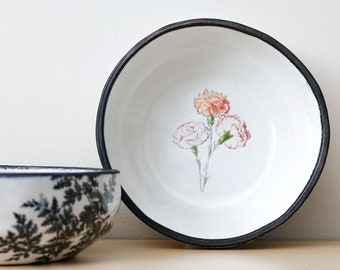 Ceramic Cereal Bowl Carnation Flowers Handmade Pottery