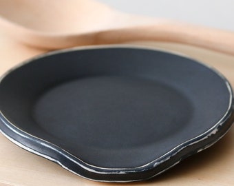 Spoon Rest Black Rustic Ceramic Handmade Pottery Round