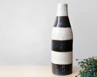 Vase Large Striped Black and White Ceramic Bottle Handmade Pottery