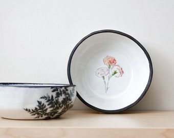 Ceramic Cereal Bowl Carnation Flowers Handmade Pottery