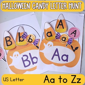 May include: Two white paper sheets featuring a Halloween Candy Letter Hunt activity. Each sheet displays a large orange pumpkin graphic with a ghost and bat, labeled with uppercase and lowercase letters B, b and A, a. Candy corn and candy graphics are included.