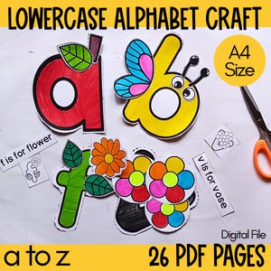 May include: A lowercase alphabet craft set featuring paper cutouts of letters a, b, and f with colorful illustrations of an apple, a butterfly, and flowers. The set includes text labels like f is for flower and v is for vase, with 26 PDF pages.