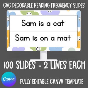 Slides de ensino de frases decodificáveis ​​CVC, fonética editável no Canva, prática de fluência em leitura