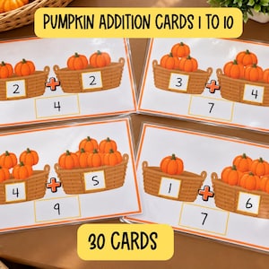 Pumpkin Addition to 10 Cards, Fall Math Activity, Preschool & Kindergarten Math Printable