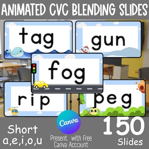 May include: Educational digital slides titled ANIMATED CVC BLENDING SLIDES featuring 150 slides for short vowels a, e, i, o, u. The display shows five example slides with words tag, gun, fog, rip, and peg, accompanied by illustrations of a whale, bear, traffic light, car, helicopter, bee, and beehive.