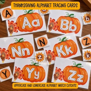 Peut inclure: Cartes de traçage de l'alphabet de Thanksgiving avec des citrouilles orange et des dindes. Chaque carte affiche des lettres majuscules et minuscules avec des flèches directionnelles pour l'écriture. Inclut des découpes circulaires.