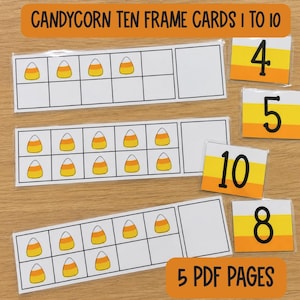 May include: Educational ten frame cards featuring candy corn illustrations for counting practice. The set includes rectangular frames with candy corn graphics and separate cards displaying the numbers 4, 5, 8, and 10 in black font on orange, yellow, and white backgrounds.