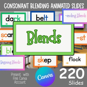 May include: A collection of educational digital slides titled Consonant Blending Animated Slides, featuring various words like dark, belt, scan, skep, and flock. The slides include text labels for ending Blends and Beginning Blends, with a Canva logo.