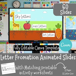 Op de afbeelding: Een digitaal scherm met 60 geanimeerde dia's voor lettervorming, met een giraffe, appel en wortel met de labels Sky Letters, Grass Letters en Dirt Letters. Inclusief een bijbehorende set van 12 printbare werkbladen.