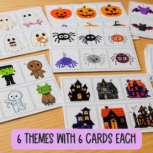 May include: A set of printable Halloween matching cards featuring illustrations of ghosts, pumpkins, bats, spiders, monsters, and haunted houses. The cards are organized into grids on white paper sheets, with the text 6 THEMES WITH 6 CARDS EACH.