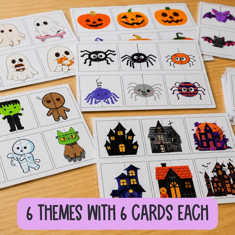 May include: A set of printable Halloween matching cards featuring illustrations of ghosts, pumpkins, bats, spiders, monsters, and haunted houses. The cards are organized into grids on white paper sheets, with the text 6 THEMES WITH 6 CARDS EACH.