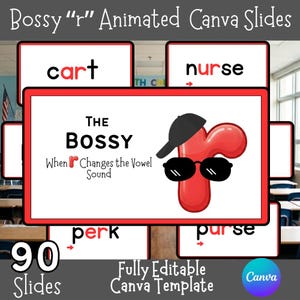 Può includere: Un set di 90 diapositive educative Canva intitolate Bossy r Animated Canva Slides. Le diapositive presentano un personaggio a forma di lettera r rossa che indossa un berretto da baseball nero e occhiali da sole, con esempi come cart, nurse, perk e purse.
