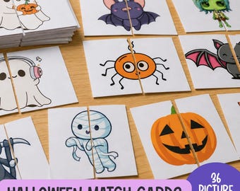 May include: A set of 36 Halloween match cards featuring illustrations of a ghost with a pumpkin, a bat, a green-haired character, a ghost with headphones, an orange spider, a bat with pink wings, a mummy, and a jack-o'-lantern.